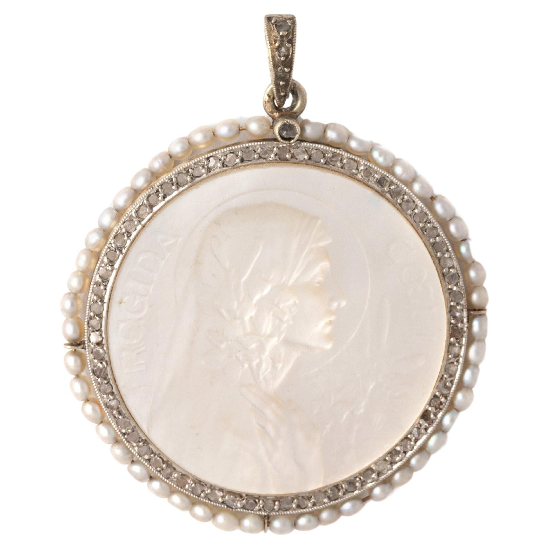 Regina Caeli Mother-of-Pearl Diamond and Pearl White Gold Pendant For Sale