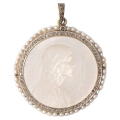 Vintage Regina Caeli Mother-of-Pearl Diamond and Pearl White Gold Pendant