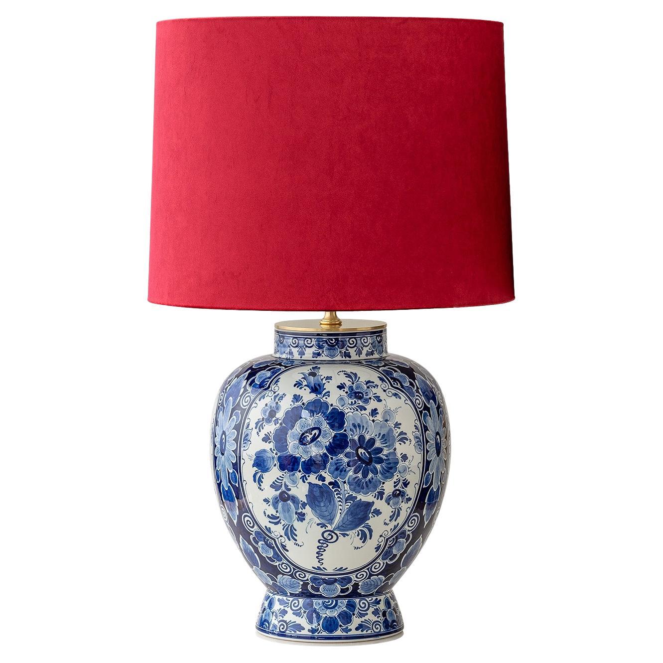 Regina Delft Blue Table Lamp (1935-1979) with New Scarlet Red Velvet Shade