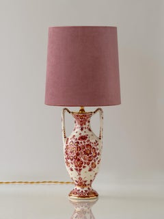 Hand-Painted Delft Red Amphora Table Lamp with Old Rose Velvet Shade