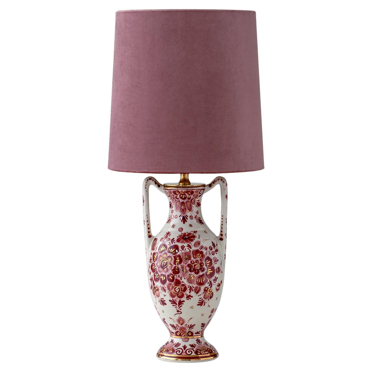 Regina Delft Red Table Lamp (1935-1979) with New Old Rose Velvet Shade