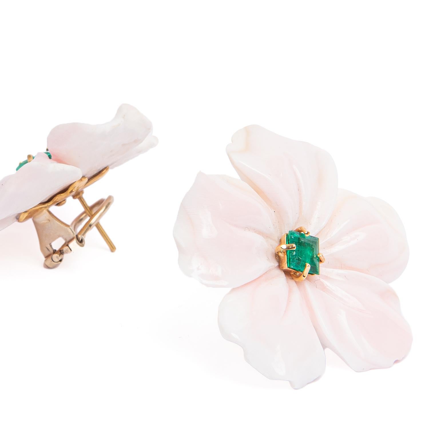 Artist Regina Gambatesa Shell Flower earrings with Gold and Emerald For Sale