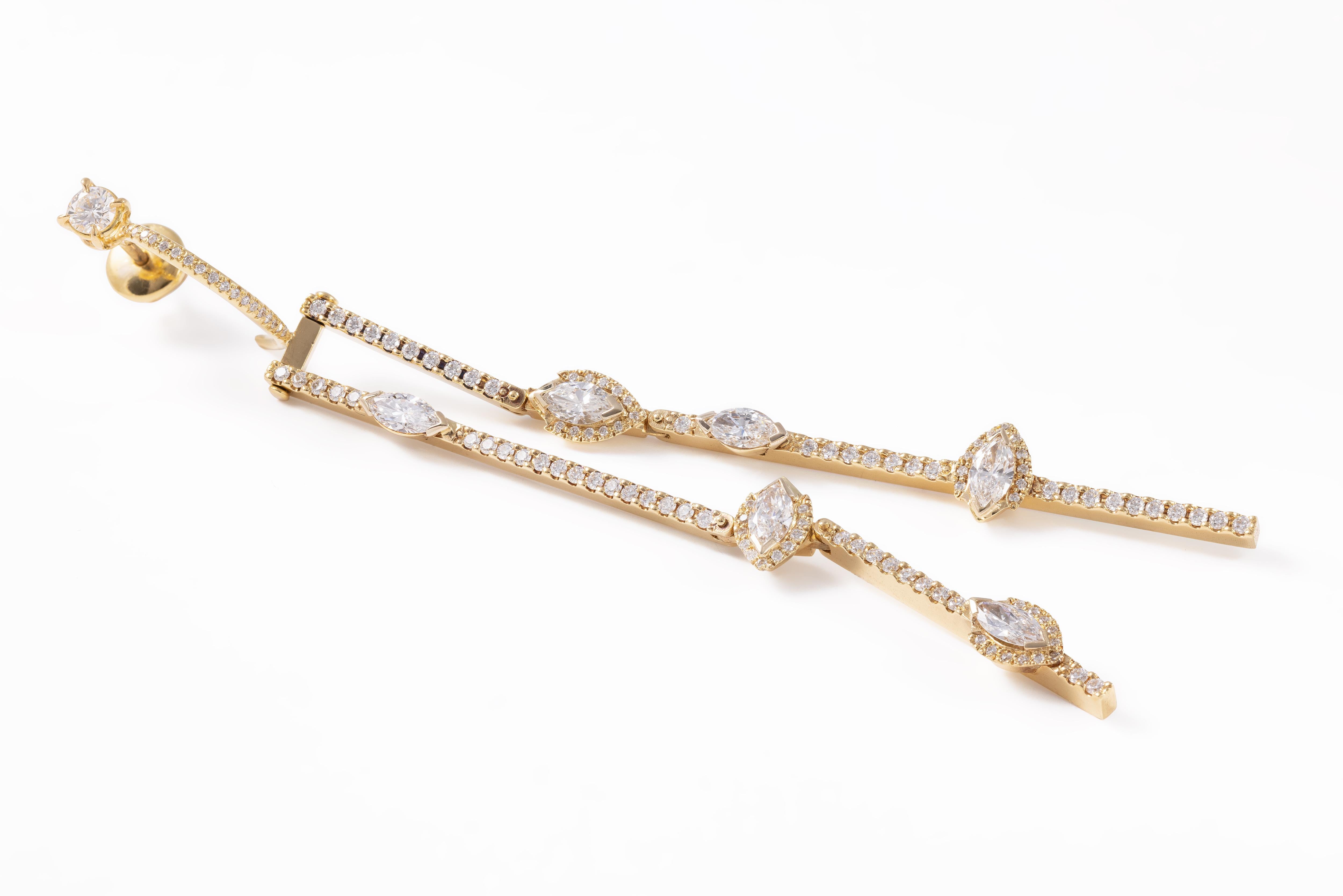Brilliant Cut Regina Gambatesa Gold Wand Earrings with Diamonds Shuttles For Sale