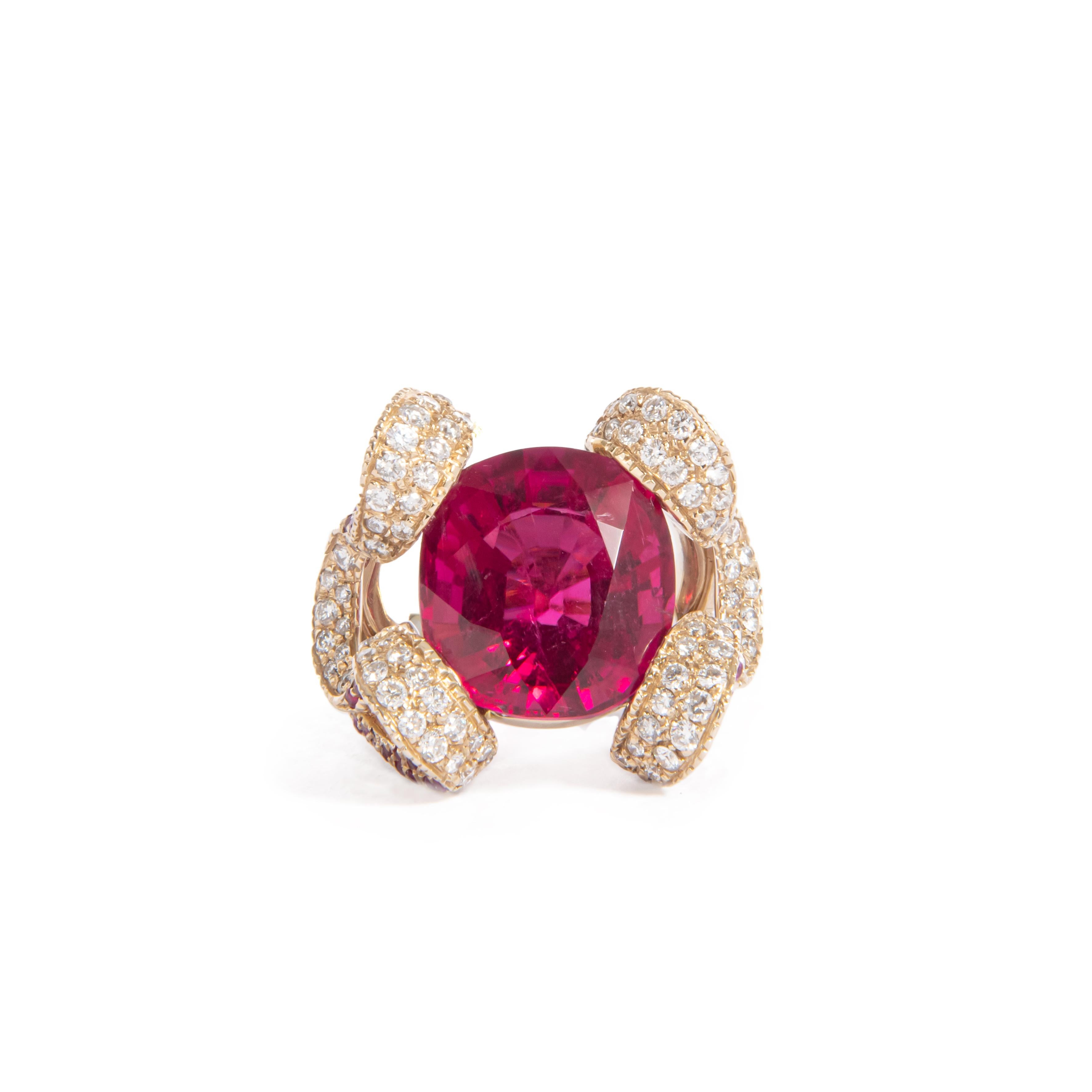 Ribbon Ring with Pink Sapphires and Rubelite by Regina Gambatesa at Second Petale Gallery.  

A ribbon of diamonds and pink sapphires accommodating an intense rubelite.

About the Gemstones : 
184 Diamonds : 2,16 ct
147 Pink Sapphires : 1,73 ct 
1