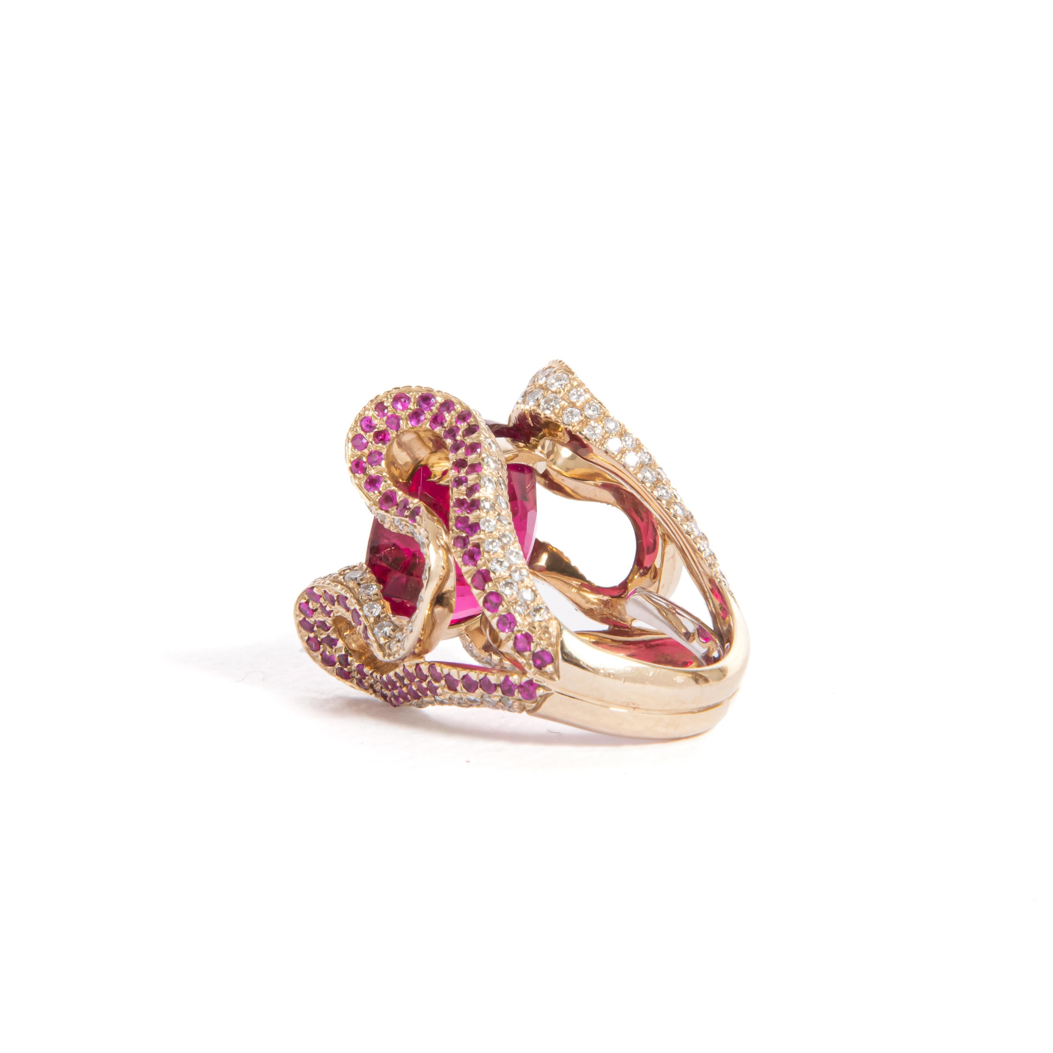 Brilliant Cut Regina Gambatesa Pink Sapphires Rubelite Diamonds and Grey Gold Ring For Sale