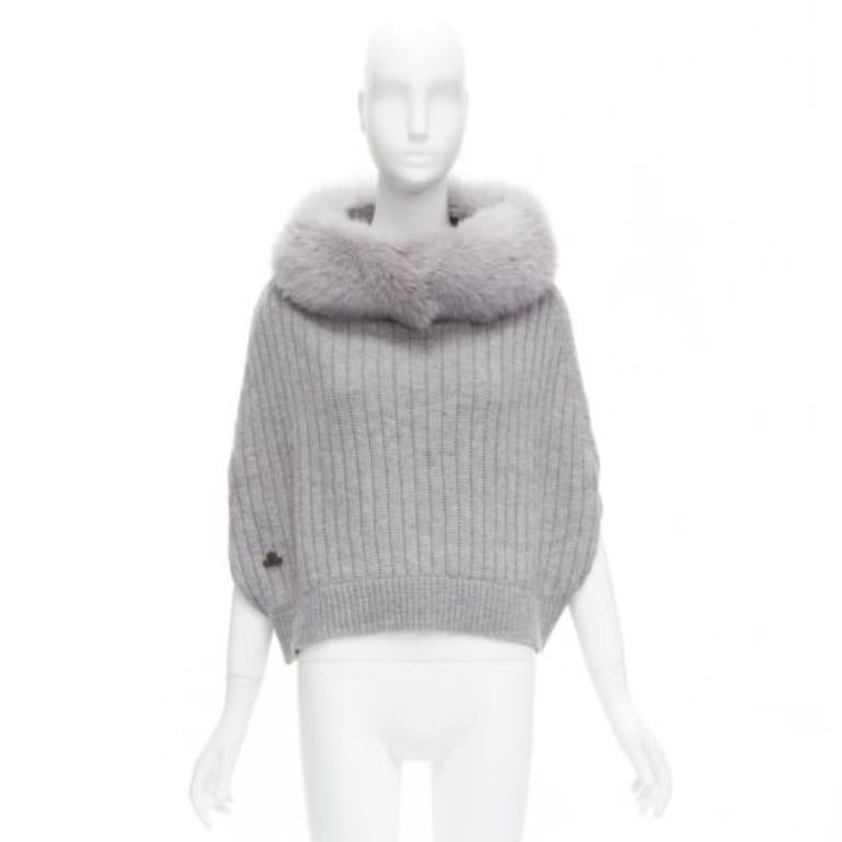 Gray REGINA grey fur collar cashmere merino wool knitted poncho sweater For Sale