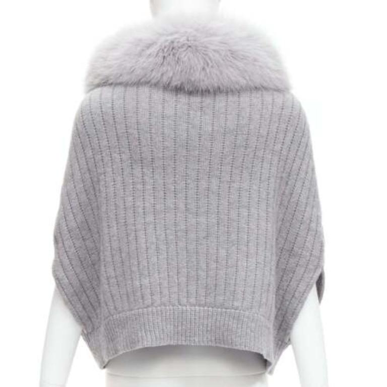 Women's REGINA grey fur collar cashmere merino wool knitted poncho sweater For Sale