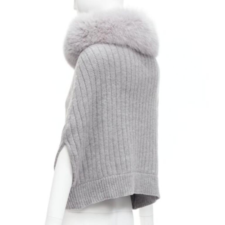 REGINA grey fur collar cashmere merino wool knitted poncho sweater For Sale 1