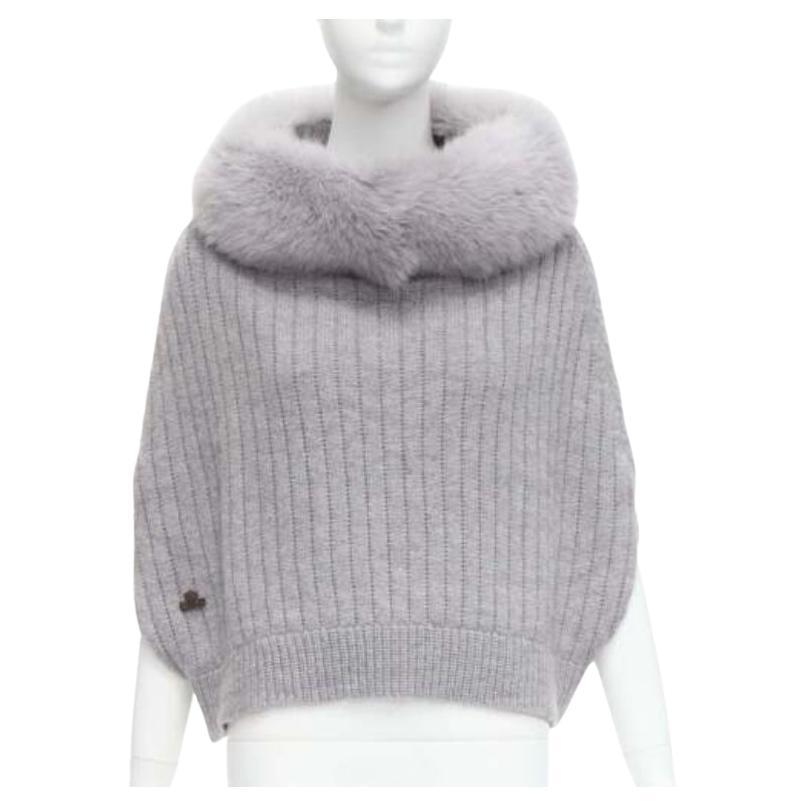 REGINA grey fur collar cashmere merino wool knitted poncho sweater For Sale