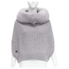 REGINA grauer Pelzkragen Kaschmir Merinowolle gestrickter Poncho Pullover