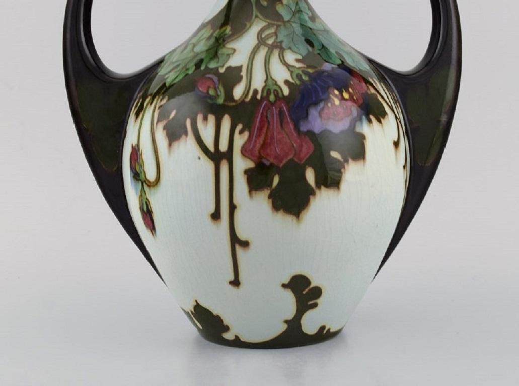Dutch Regina, Holland, Antique Art Nouveau Vase with Hand-Painted Flowers and Foliage