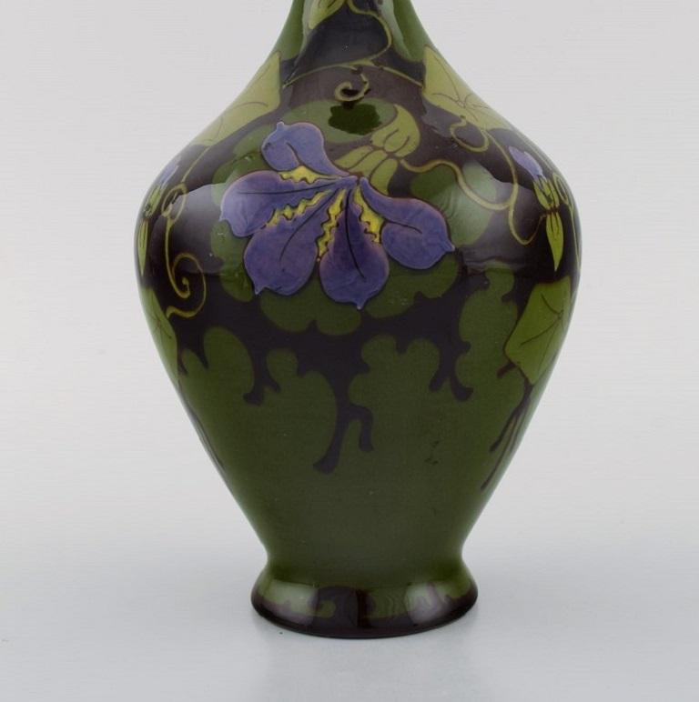 Early 20th Century Regina, Holland, Antique Art Nouveau Vase with Hand-Painted Flowers and Foliage