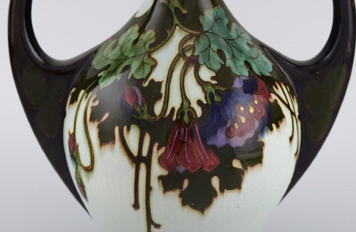 Ceramic Regina, Holland, Antique Art Nouveau Vase with Hand-Painted Flowers and Foliage