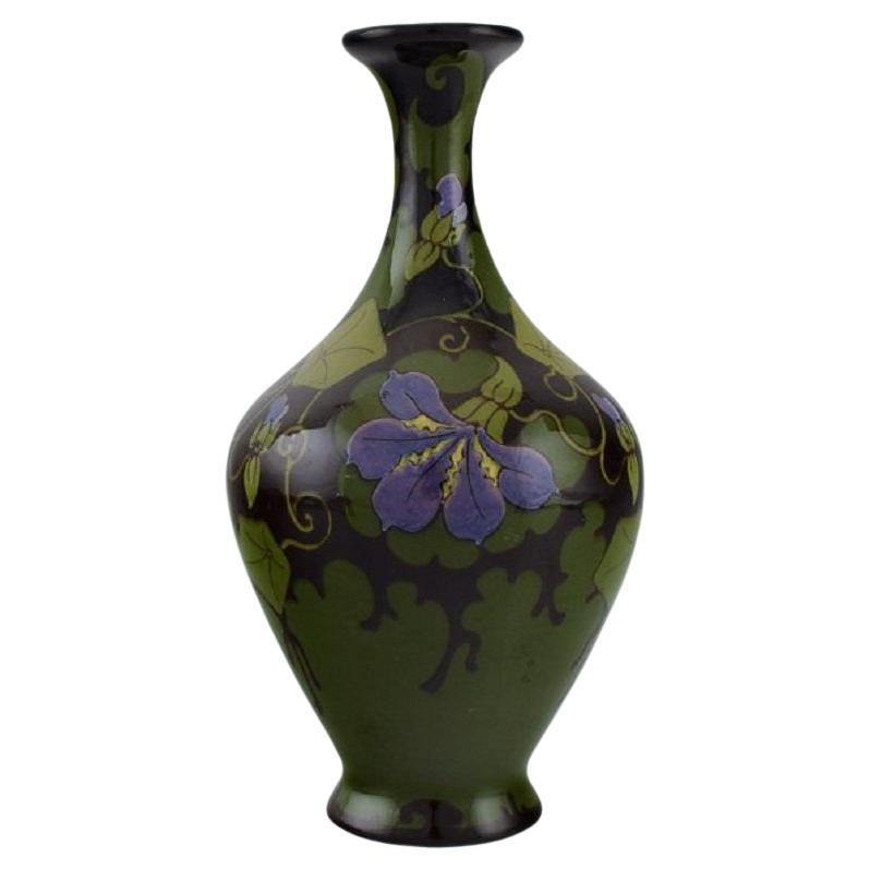 Regina, Holland, Antique Art Nouveau Vase with Hand-Painted Flowers and Foliage