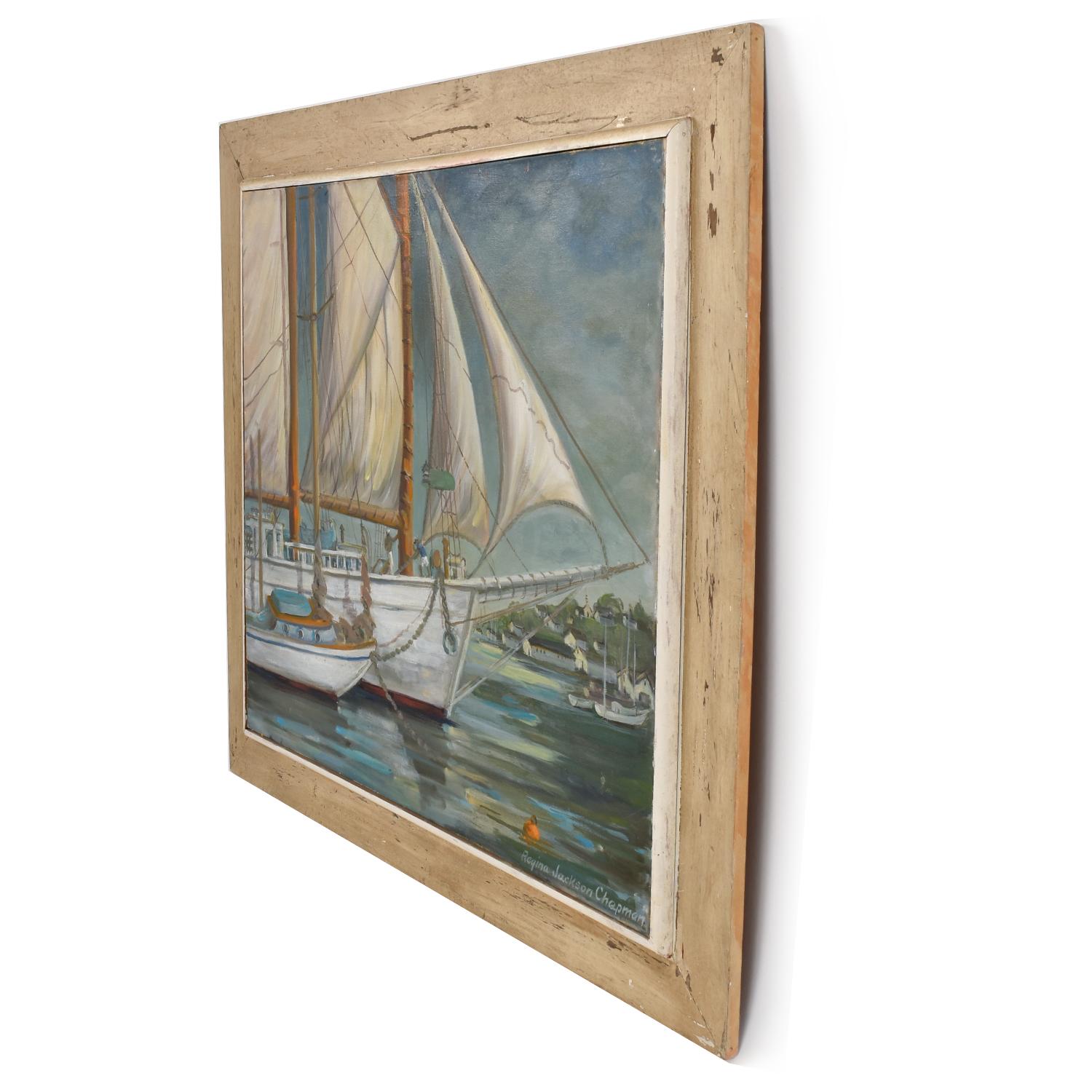 This beautifully rendered painting by Regina Jackson Chapman captures a snapshot of life at a marina. The scene depicts men tending to a sailboat along the Milford, Connecticut coast. The acrylic on canvas painting is accented with a wood frame that