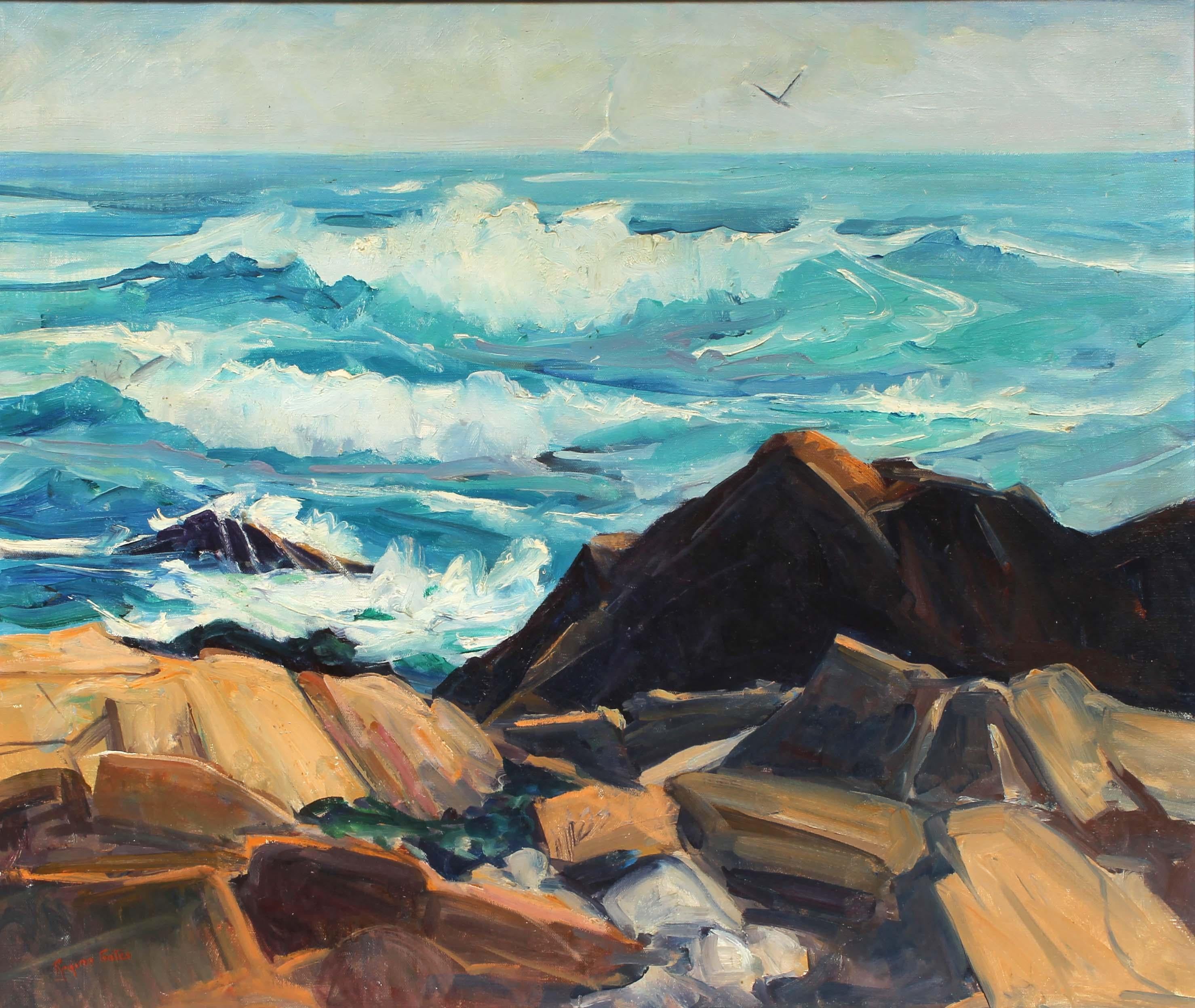 Listed vintage oil painting of rolling waves in Gloucester, MA. This work was created by listed female artist Regina Gates.

Regina Martin Gates was born in 1896 in Watervliet, Albany County, New York.  She graduated from Watervliet public schools