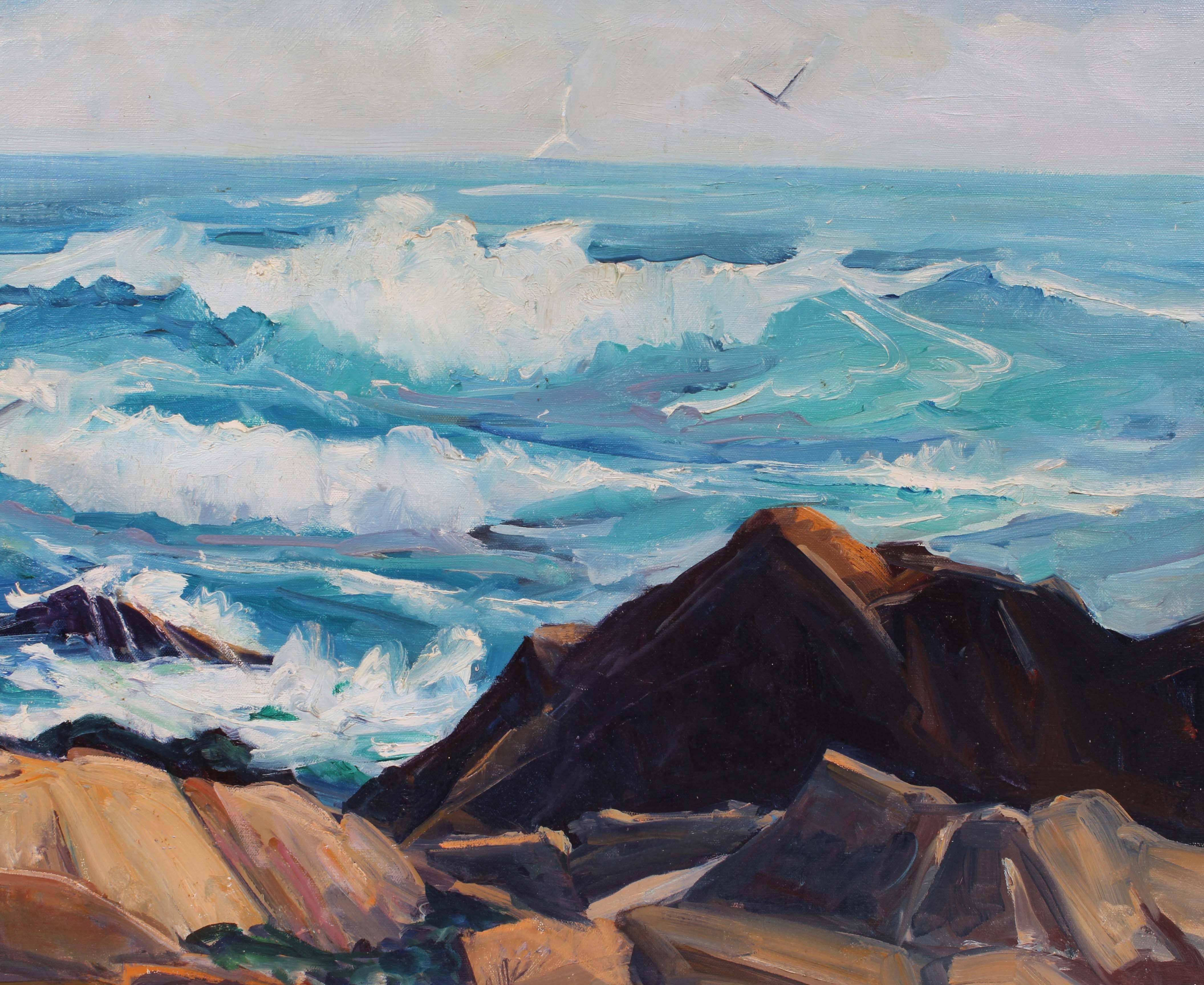 Peinture à l'huile vintage classée représentant des vagues roulantes à Gloucester, MA. Cette œuvre a été créée par l'artiste féminine Regina Gates.

Regina Martin Gates est née en 1896 à Watervliet, dans le comté d'Albany, dans l'État de New York. 