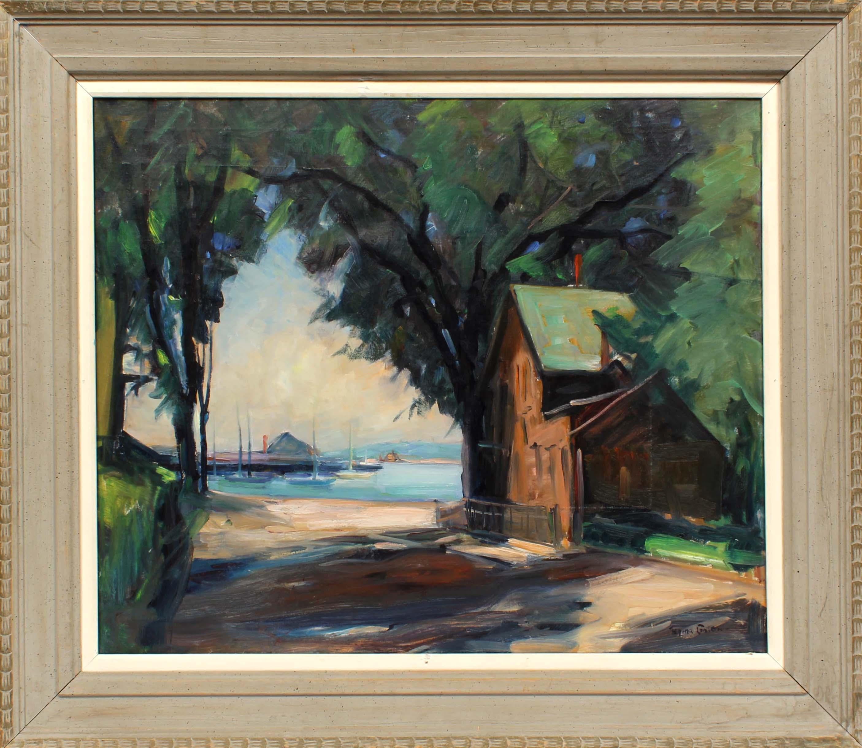 Regina Martin Gates Landscape Painting - Listed Female Vintage Impressionist Oil Painting Gloucester Sayward Street