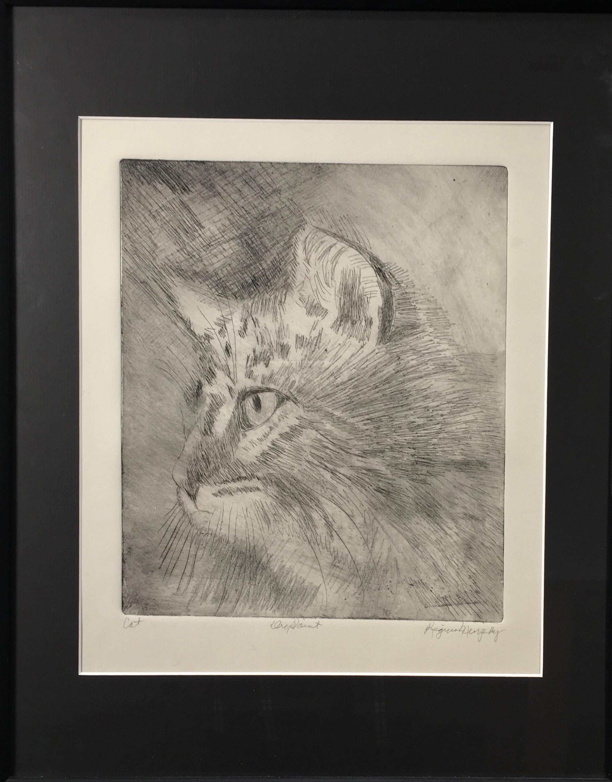 This 12" x 10" drypoint etching by Regina Murphy depicts the side profile of a beloved domestic cat's head. The head is facing to the left and the facial expression is stoic. Each hair of the cat's head is defined, adding to the detailed effect the