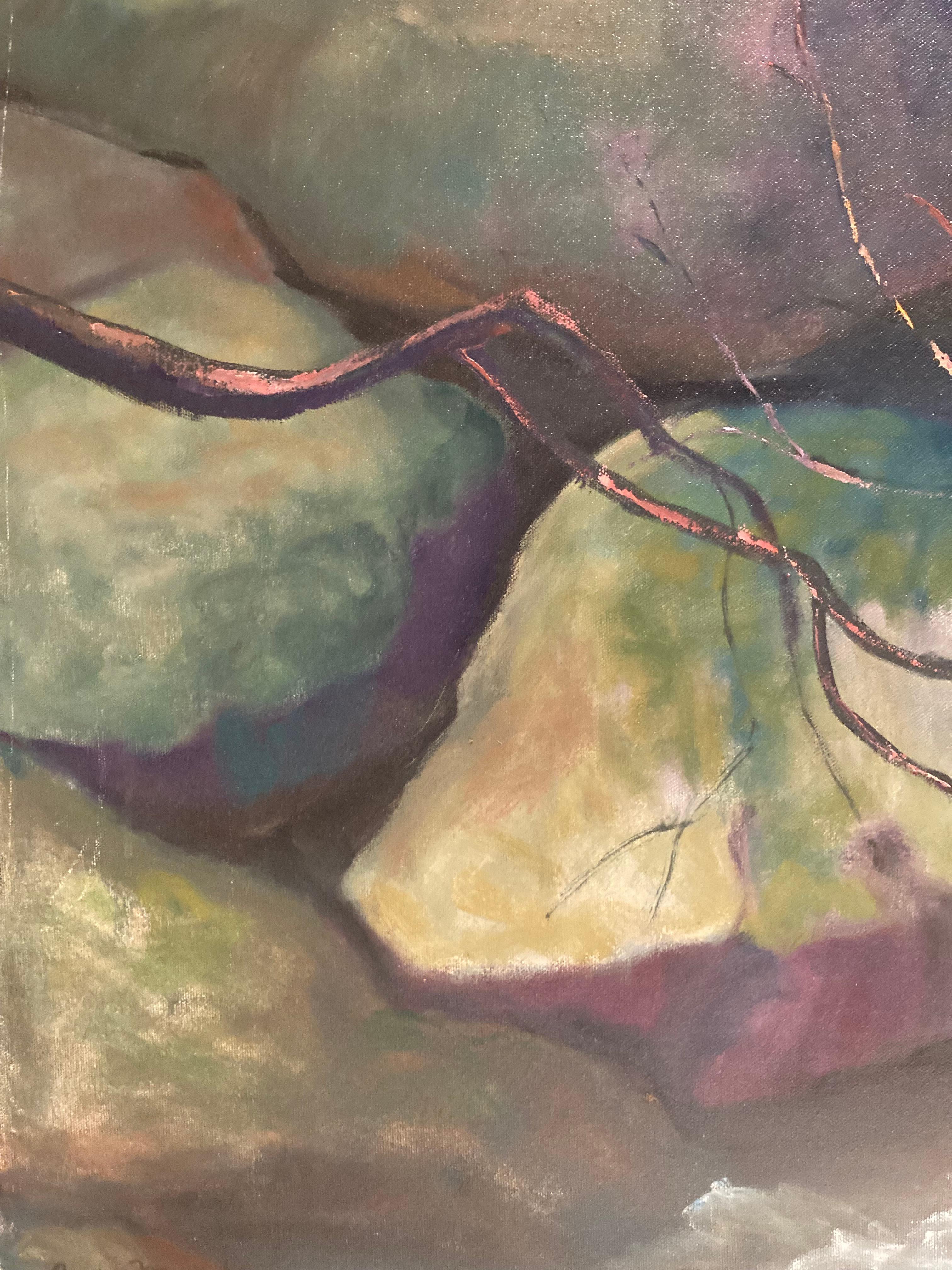 This oil on canvas painting by Regina Murphy gives the viewer a closeup view of mountain boulders and rocks in a mountain stream with craggy branches that have become snarled in the movement of the water.  The branches vibrate with fuchsia color in