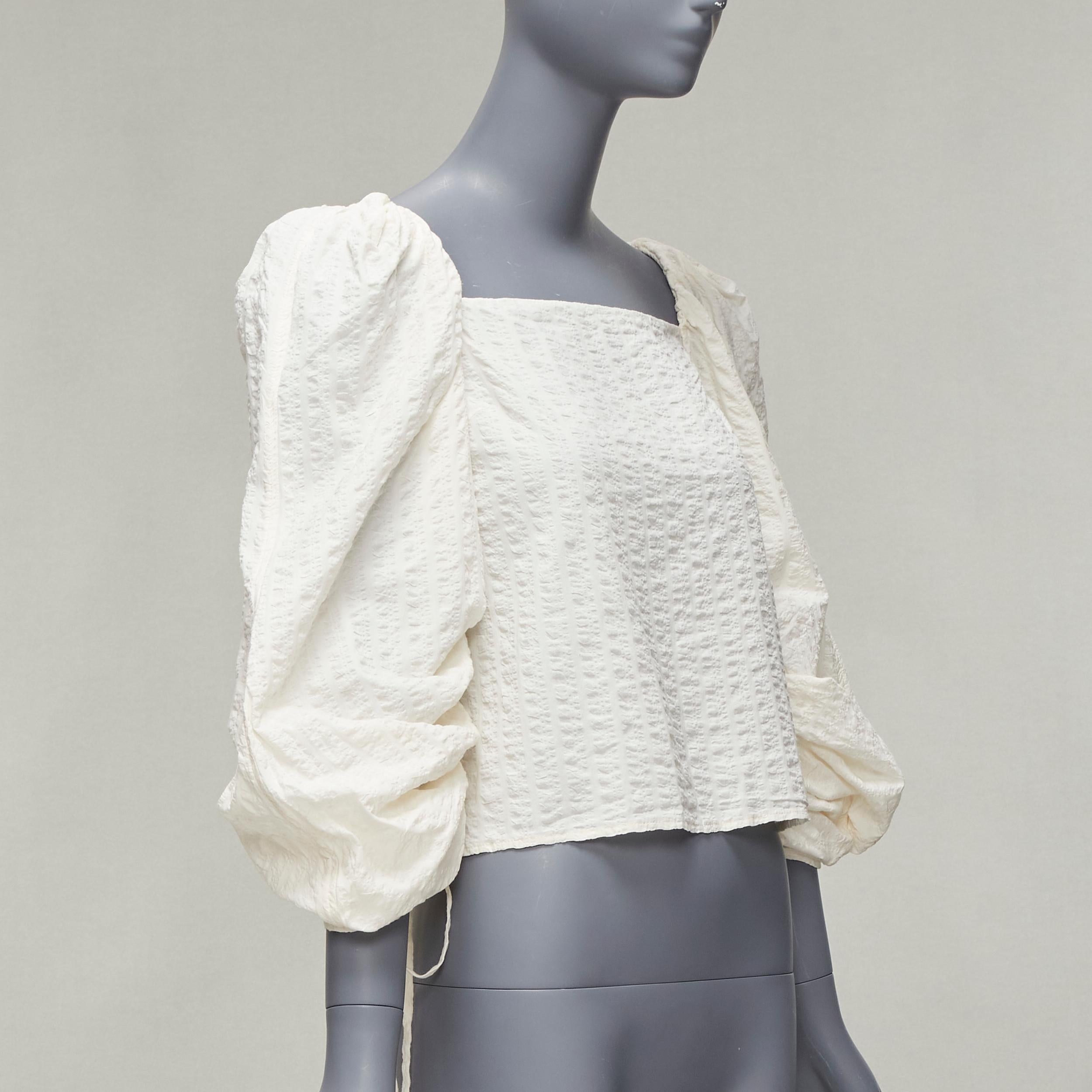 Gray REGINA PYO cream cotton square neck ruched puff sleeves cropped peasant top S For Sale