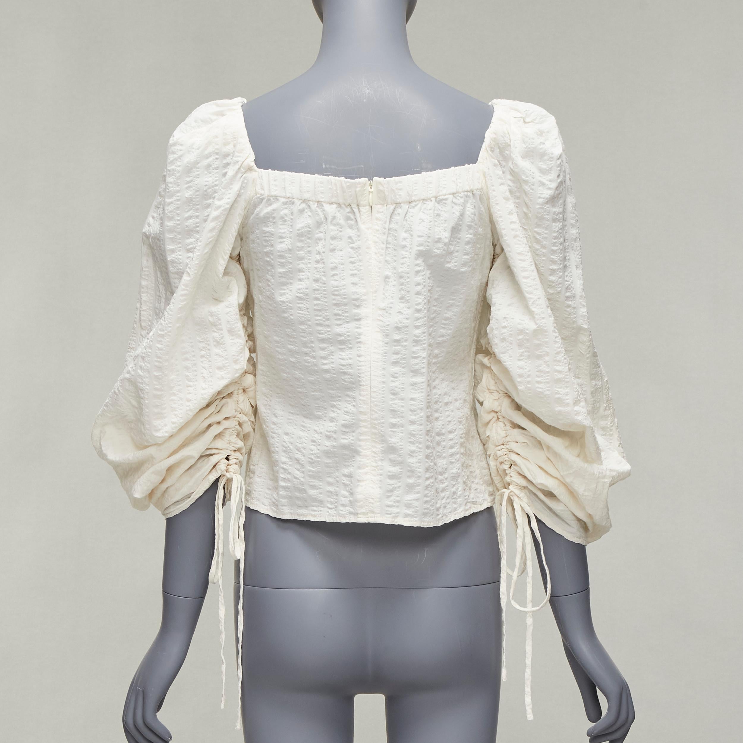 Women's REGINA PYO cream cotton square neck ruched puff sleeves cropped peasant top S For Sale