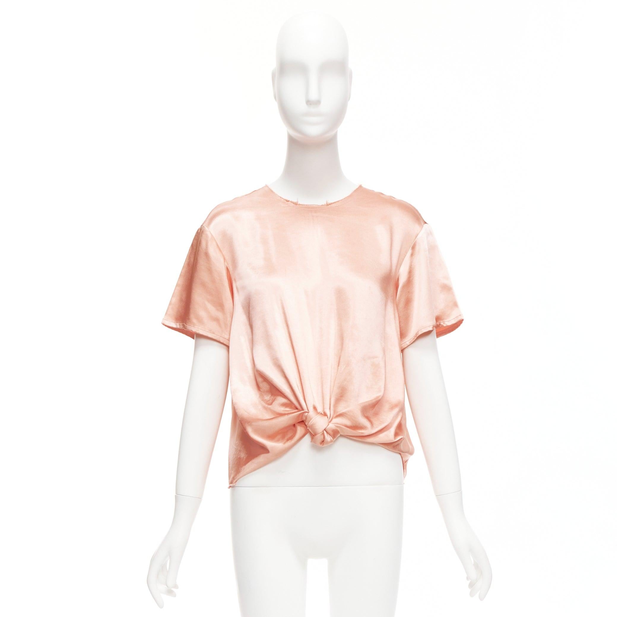REGINA PYO pink silky satin front knot crew neck frayed edge collar top S For Sale 5