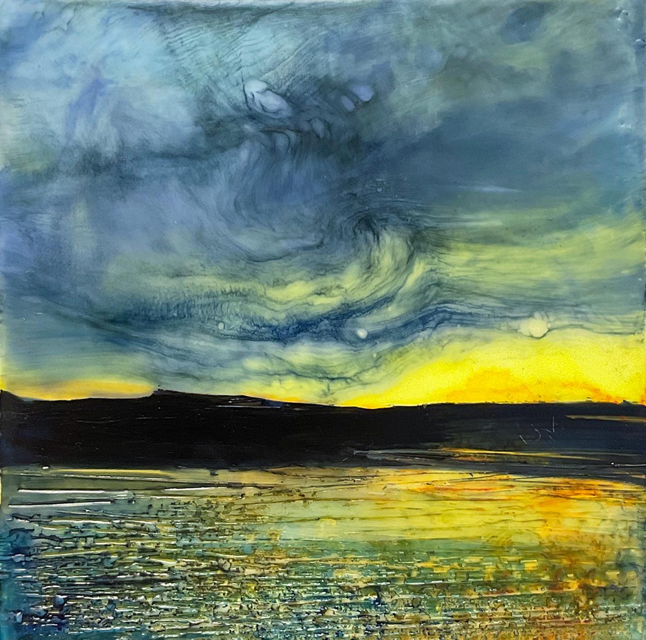 Light Slips Away (Encaustic Landscape Painting of Sunset w/ Mountains & River)  - Modern Mixed Media Art by Regina Quinn 
