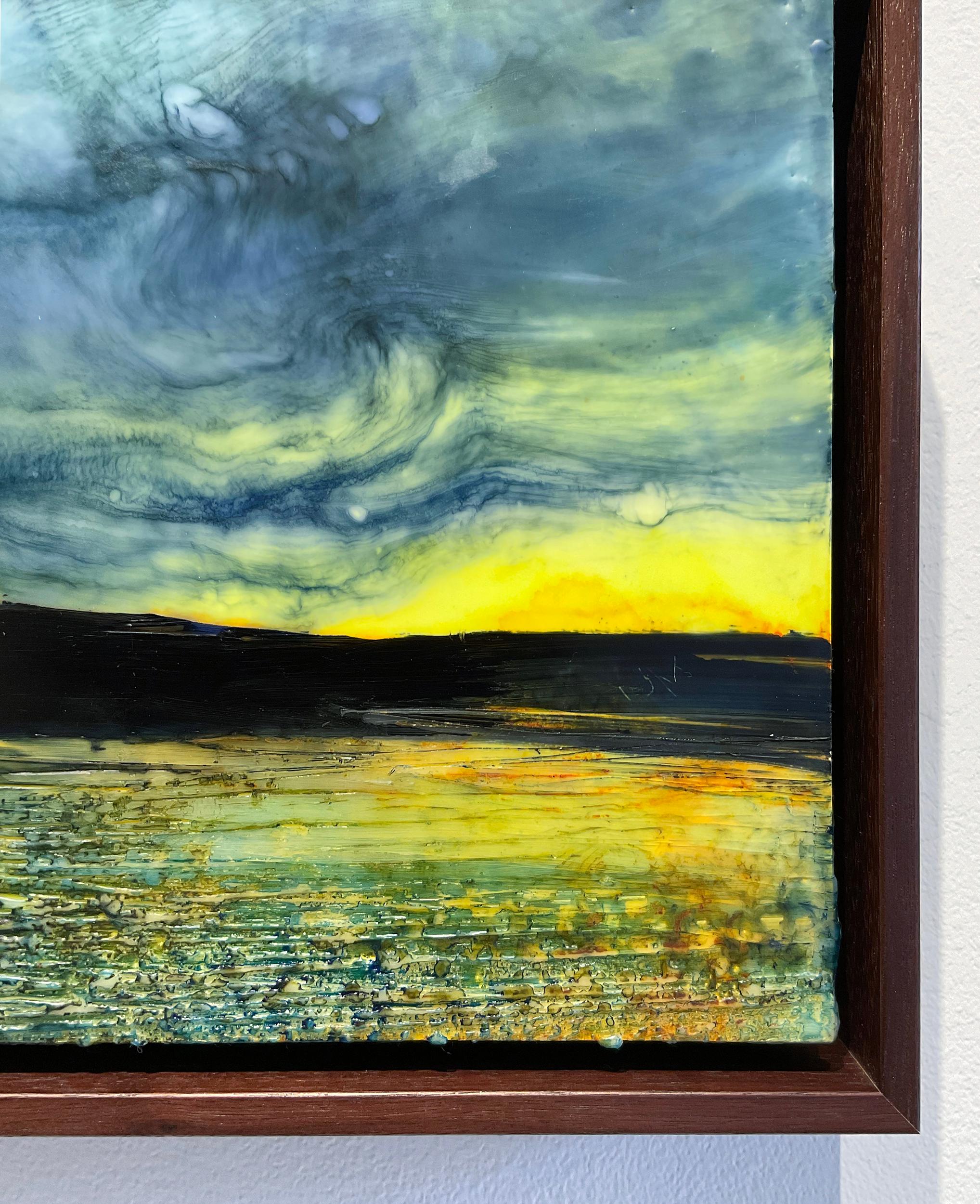 Light Slips Away (Encaustic Landscape Painting of Sunset w/ Mountains & River)  1