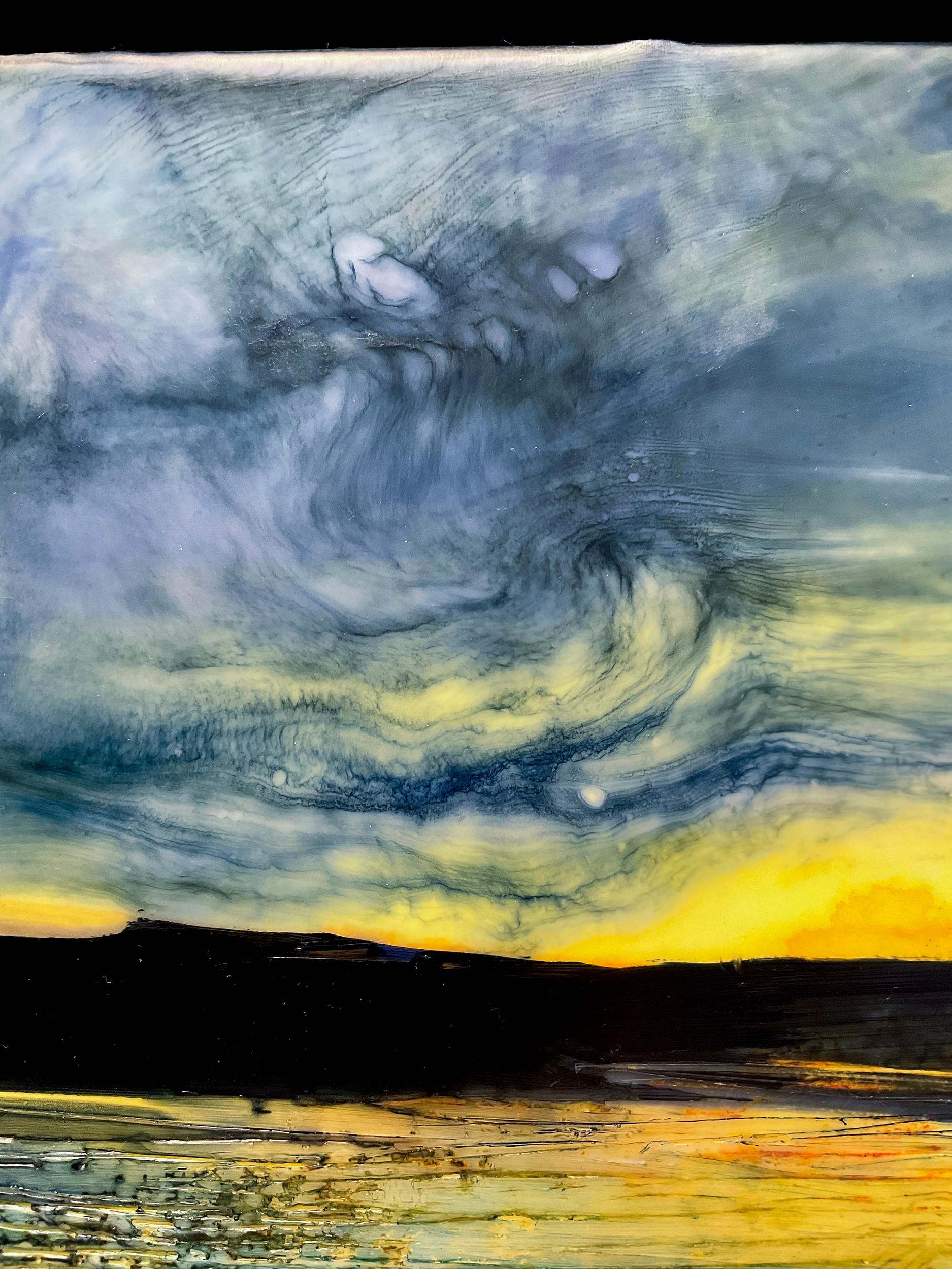 Light Slips Away (Encaustic Landscape Painting of Sunset w/ Mountains & River)  3