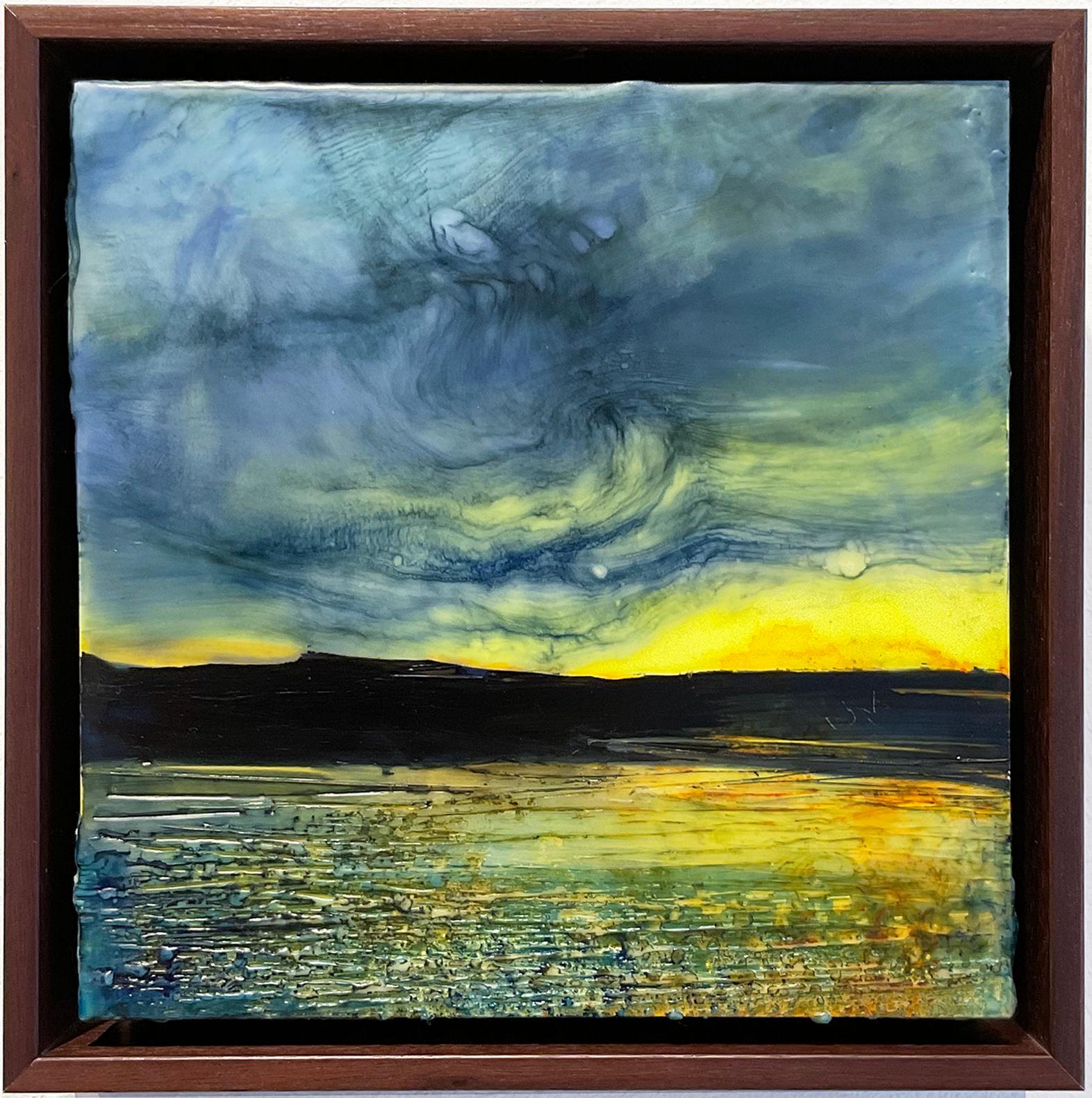 Light Slips Away (Encaustic Landscape Painting of Sunset w/ Mountains & River)  - Mixed Media Art by Regina Quinn 