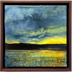 Light Slips Away (Encaustic Landscape Painting of Sunset w/ Mountains & River) 