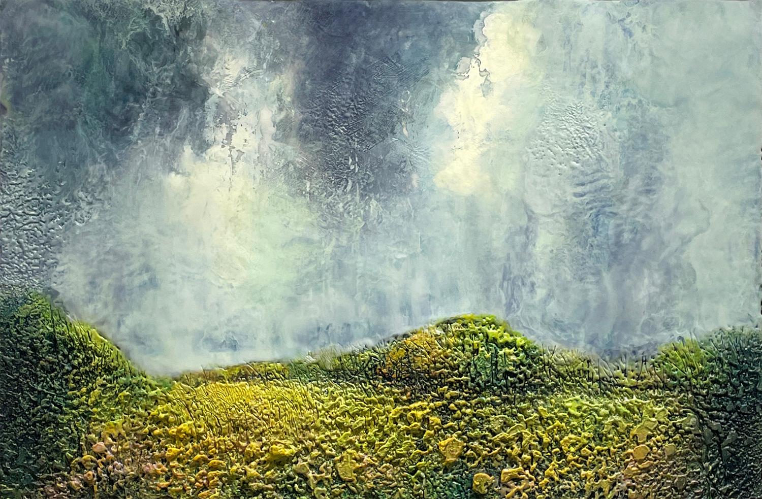 Tempesta in avvicinamento (pittura di paesaggio a encausto con collina erbosa e cielo nuvoloso)