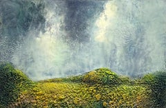 Approaching Storm (Encaustic Landscape Painting with Grassy Hill and Cloudy Sky)