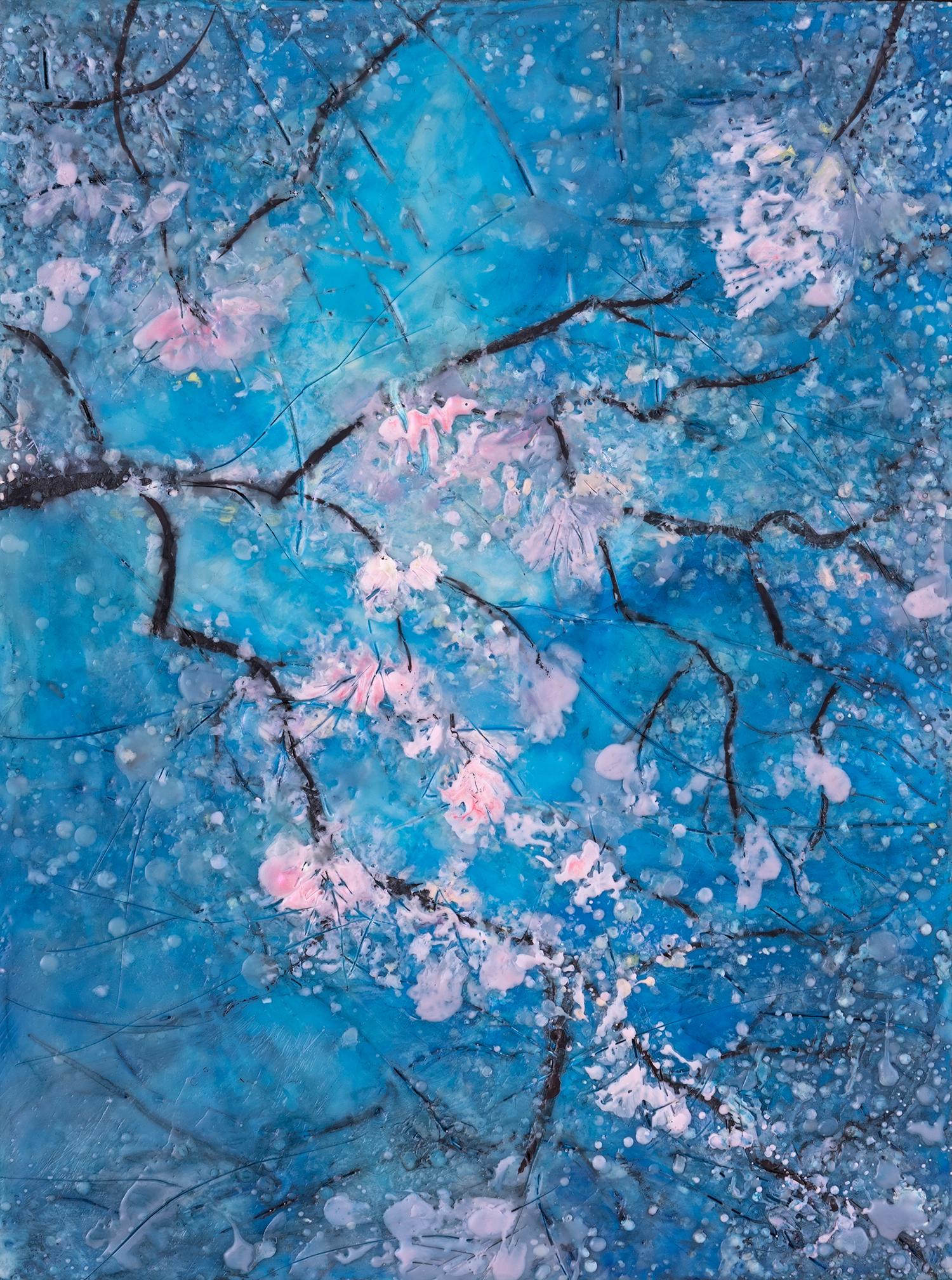 Calm Amidst Tumult (Contemporary Encaustic Painting of Pink Cherry Blossoms)