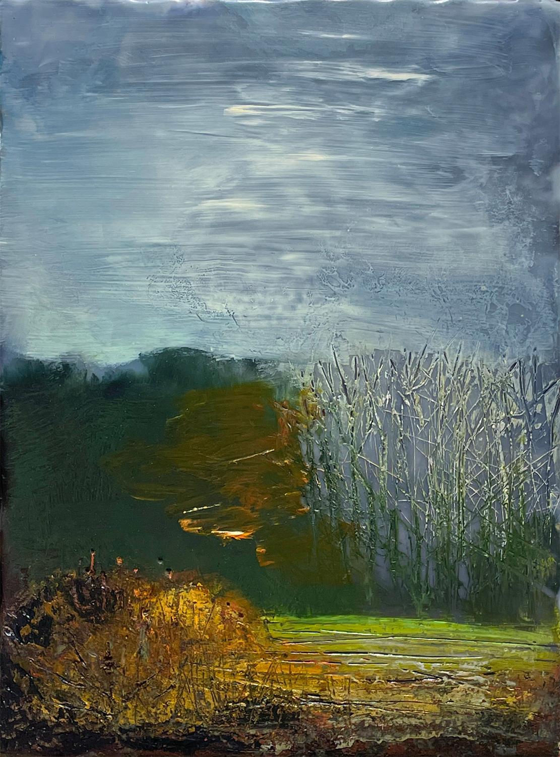 Luz de noviembre (Paisaje encáustico de bosque a finales de otoño por Regina Quinn) - Painting Contemporáneo de Regina Quinn 