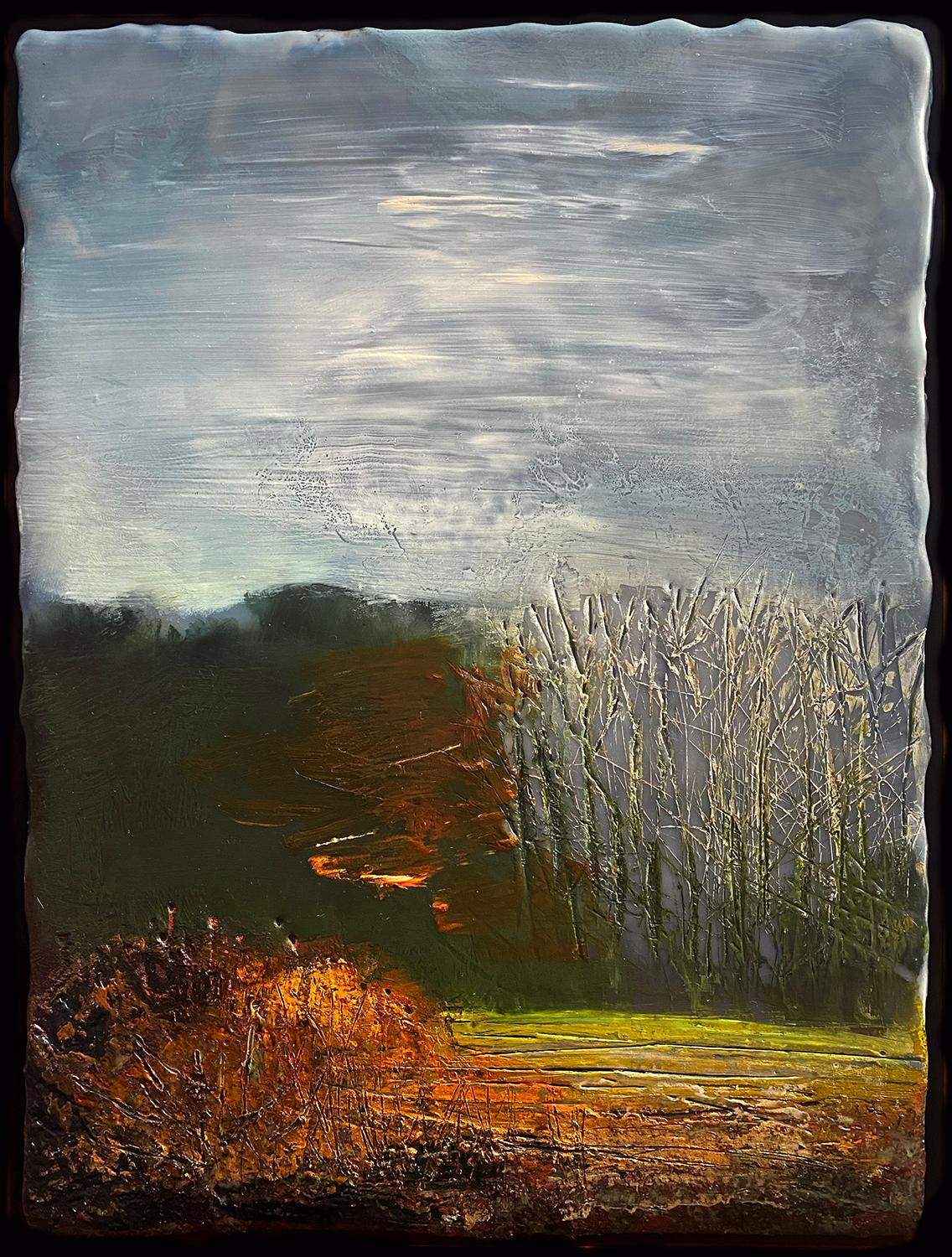 November Light (Encaustic Landscape of Forest at Late Autumn by Regina Quinn)