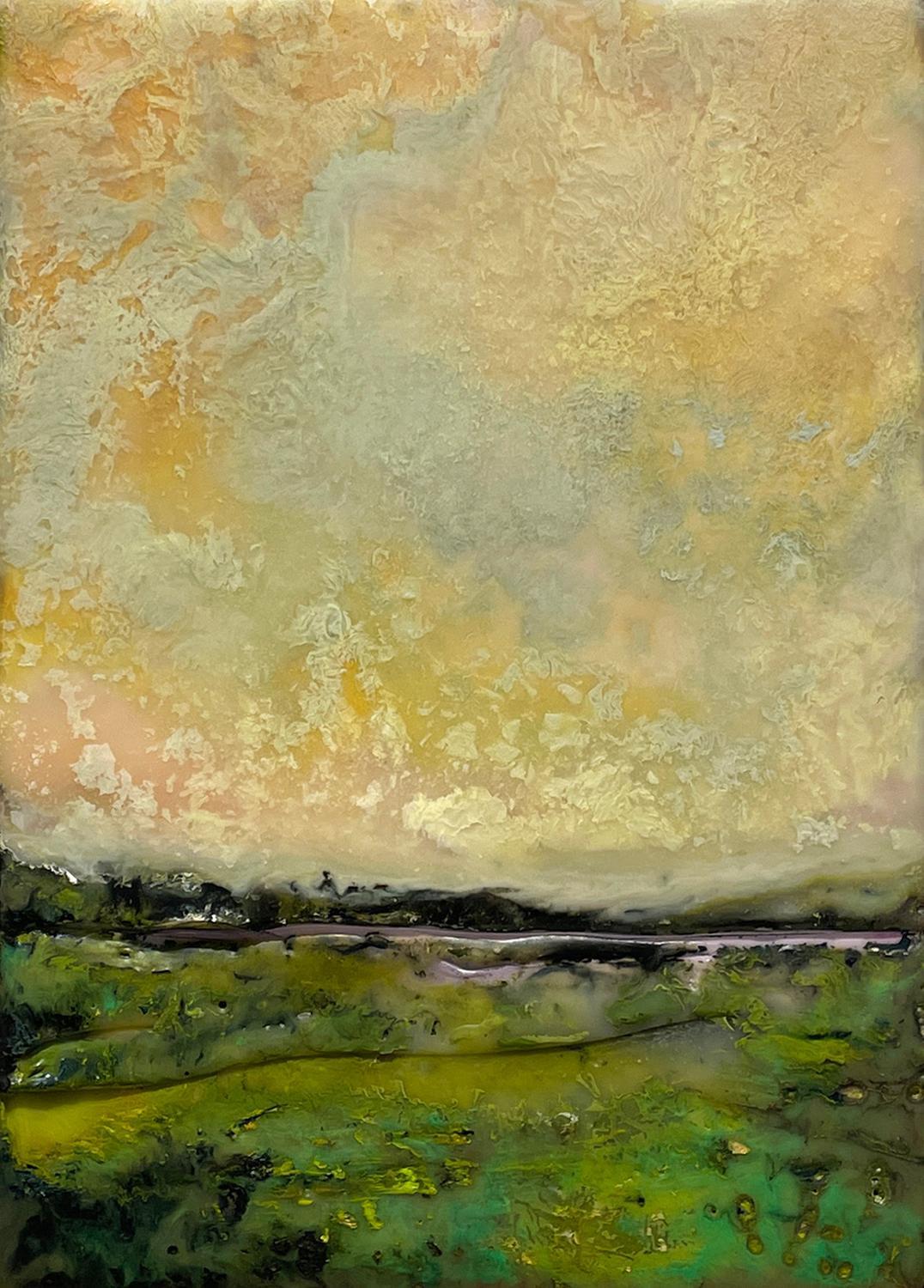 Peach Sky (Small Encaustic Landscape Painting of Sunny Late-Afternoon Vista)