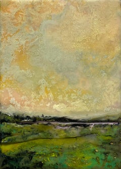 Pfirsichhimmel (kleines Enkaustisches Landschaftsgemälde von Sunny Late-Afternoon Vista)