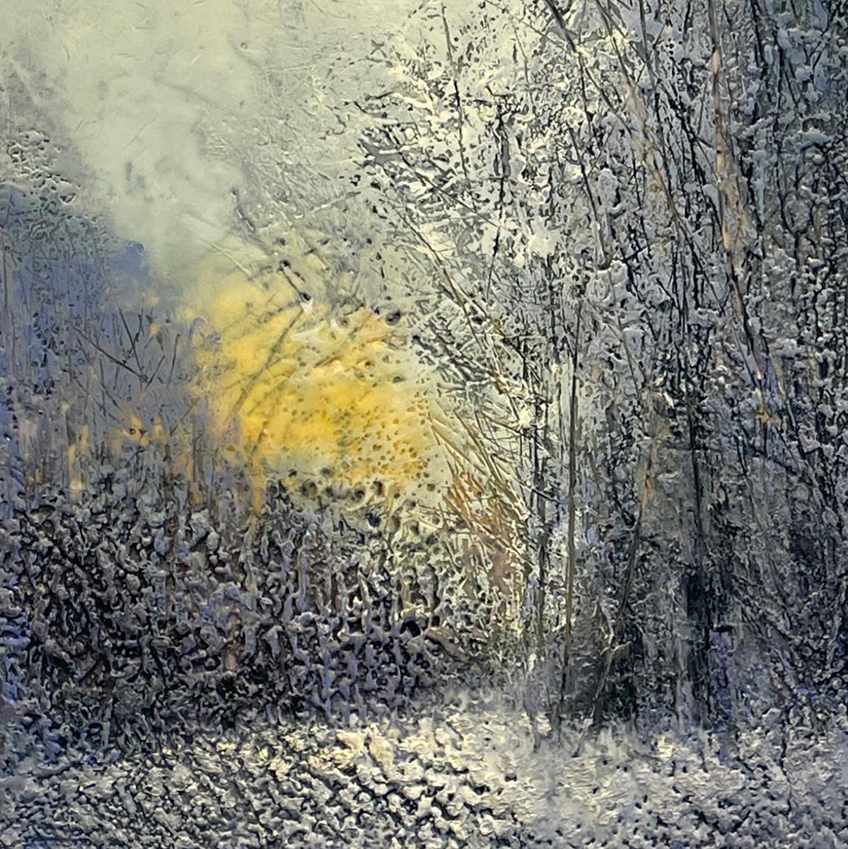 Paesaggio impressionistico astratto ad encausto di una foresta invernale di sera
