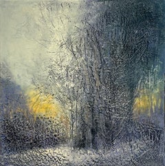 Snow at Dusk (Encaustic Landscape Painting of Wintry Country Forest)