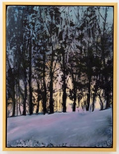 Spring Snow (Zeitgenössisches Enkaustikgemälde eines Sonnenuntergangs hinter einer dunklen Baumkrone)