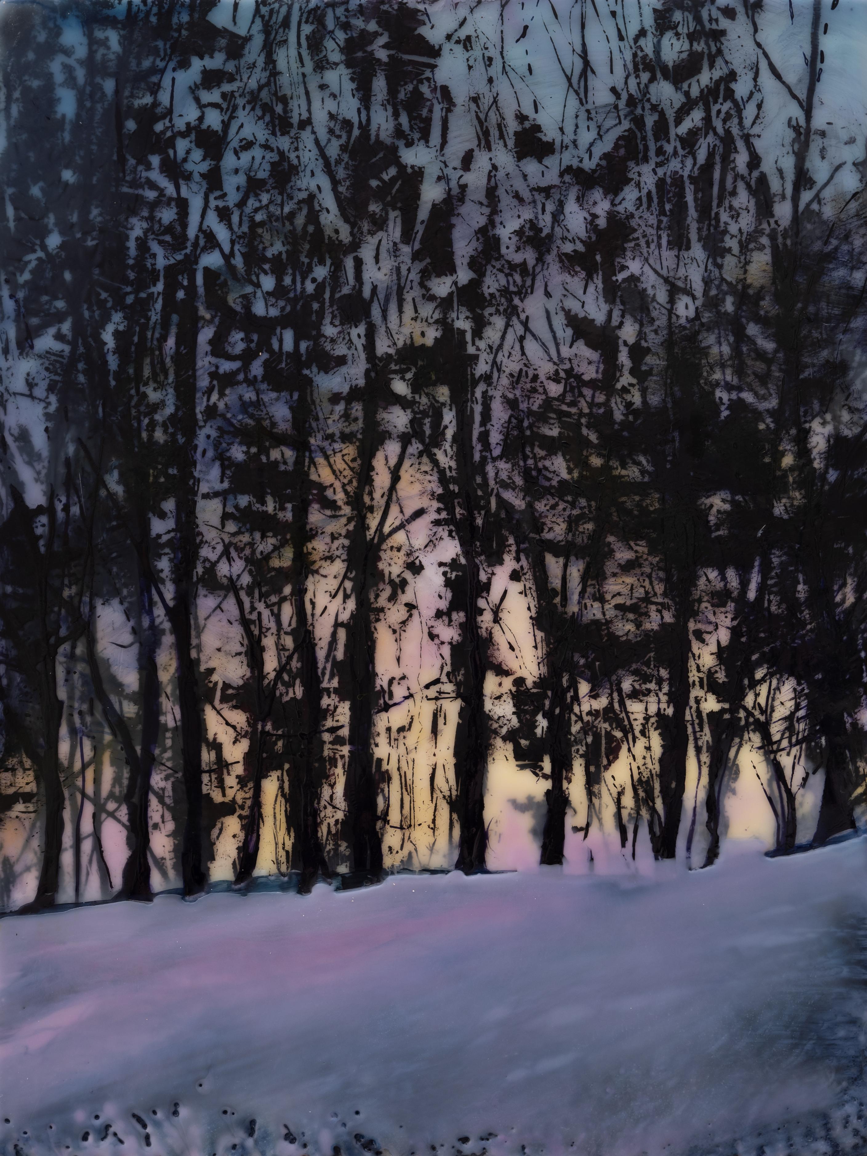 Neige de printemps (peinture contemporaine à l'encaustique d'un coucher de soleil derrière une ligne d'arbres sombre)