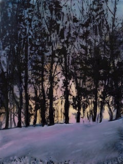 Spring Snow (Contemporary Encaustic Painting of Sunset Behind Dark Treeline)