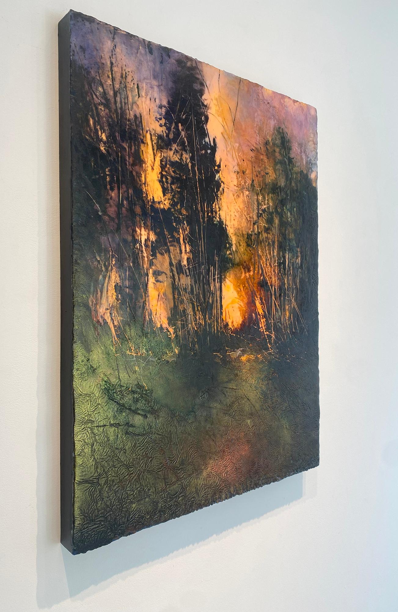 Contemporary Impressionist Encaustic Landscape Painting in Pigmented Wax
The Coyotes Howled Until Dawn 
Encaustic, oil with wax, and India Ink over watercolor on panel
40 x 30 inches, sides are painted
Excellent condition, ready to hang
Signed,