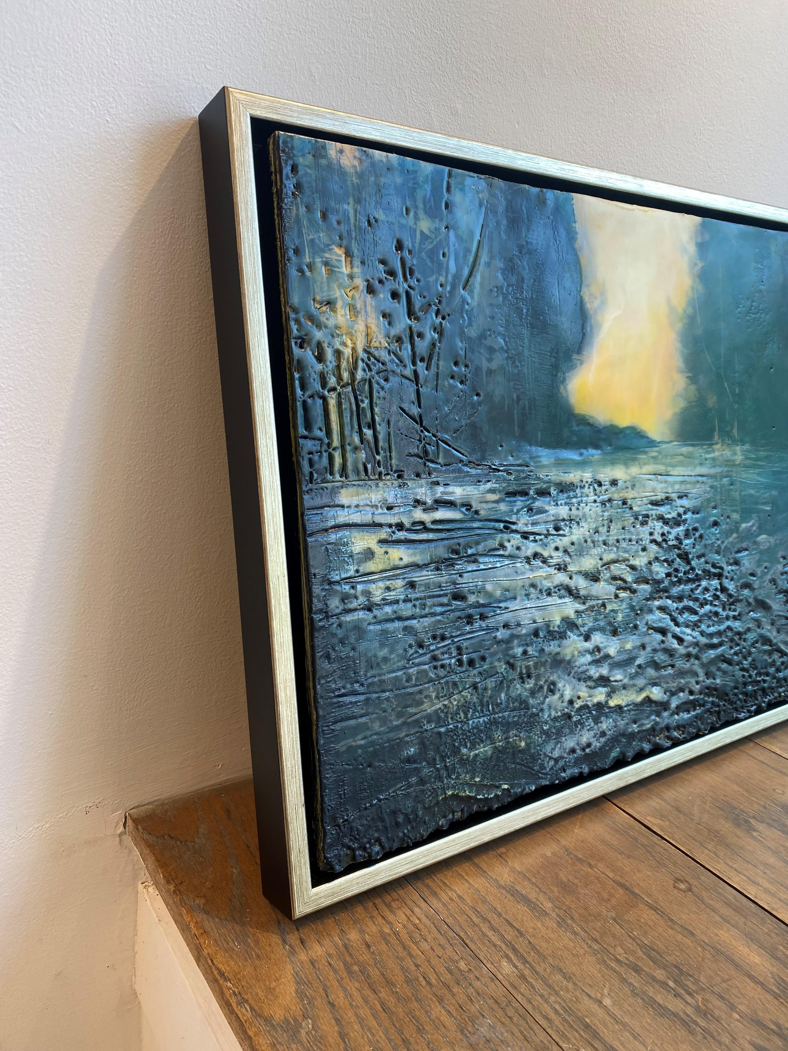 The River Swept Away All Traces (Textured Encaustic Landscape Painting, Framed) For Sale 1