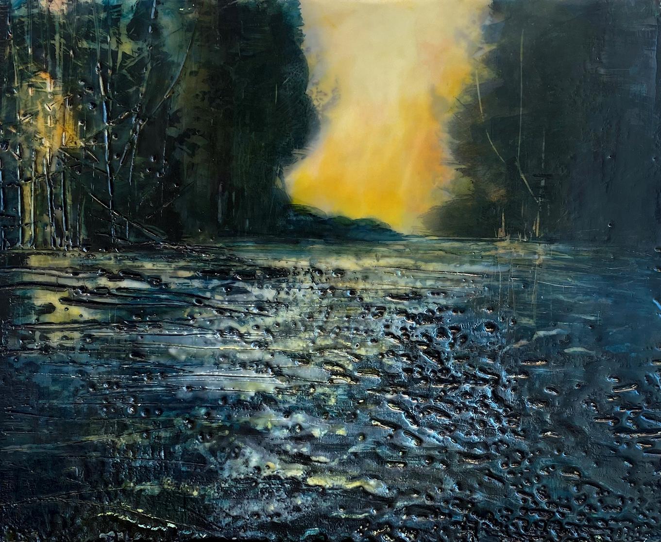 The River Swept Away Tous les plateaux (peinture de paysage à l'encaustique texturée, encadrée) - Mixed Media Art de Regina Quinn 