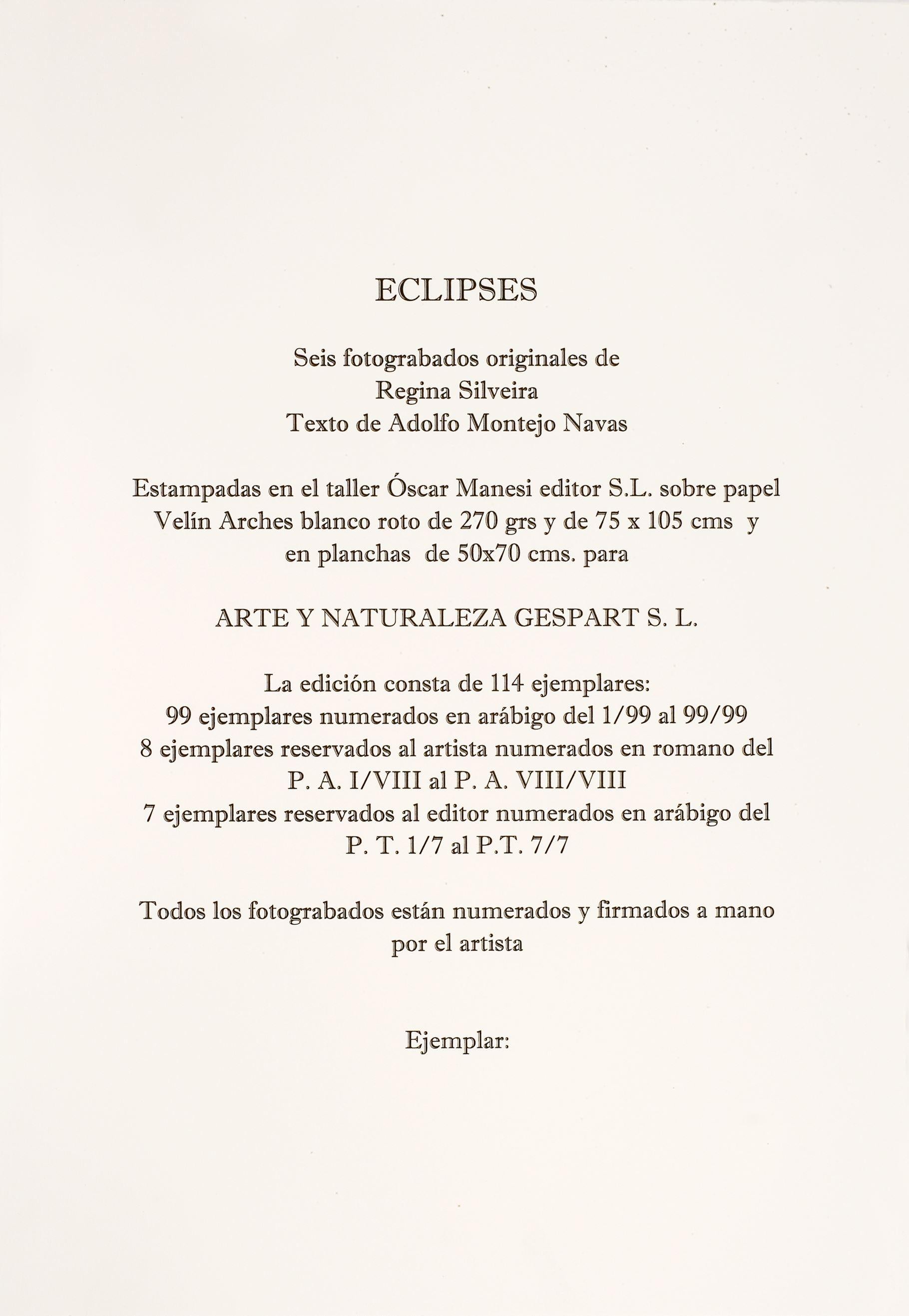 Author: Regina Silveira (Brazil, 1939)
Title: 'Eclipses (carpeta) of 6 pieces', 2005
Medium: Print.
Technique: Photoengraving on paper Velin Arches 270 gr.
Size: 27.6 x 19.7 in. (70 x 50 cm.)
Signature: Yes
Edition of 99
SKU: SIL1692-002-106
Signed:
