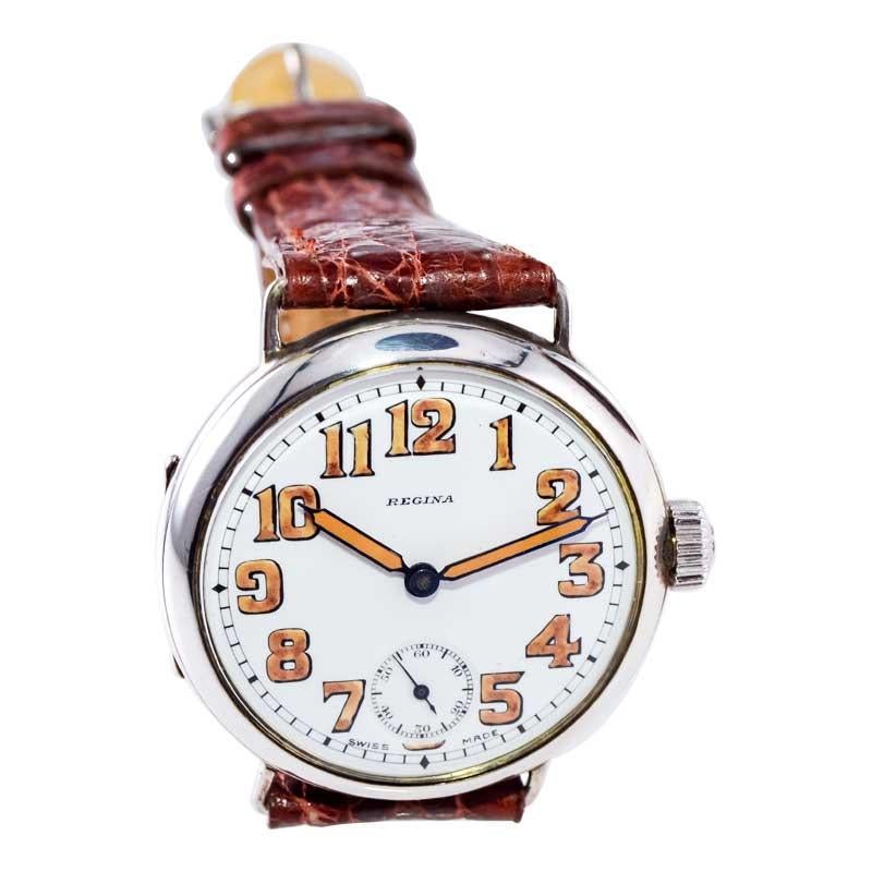 Art Deco Regina Sterling Silver Campaign Style with Original Enamel Dial circa 1915 For Sale