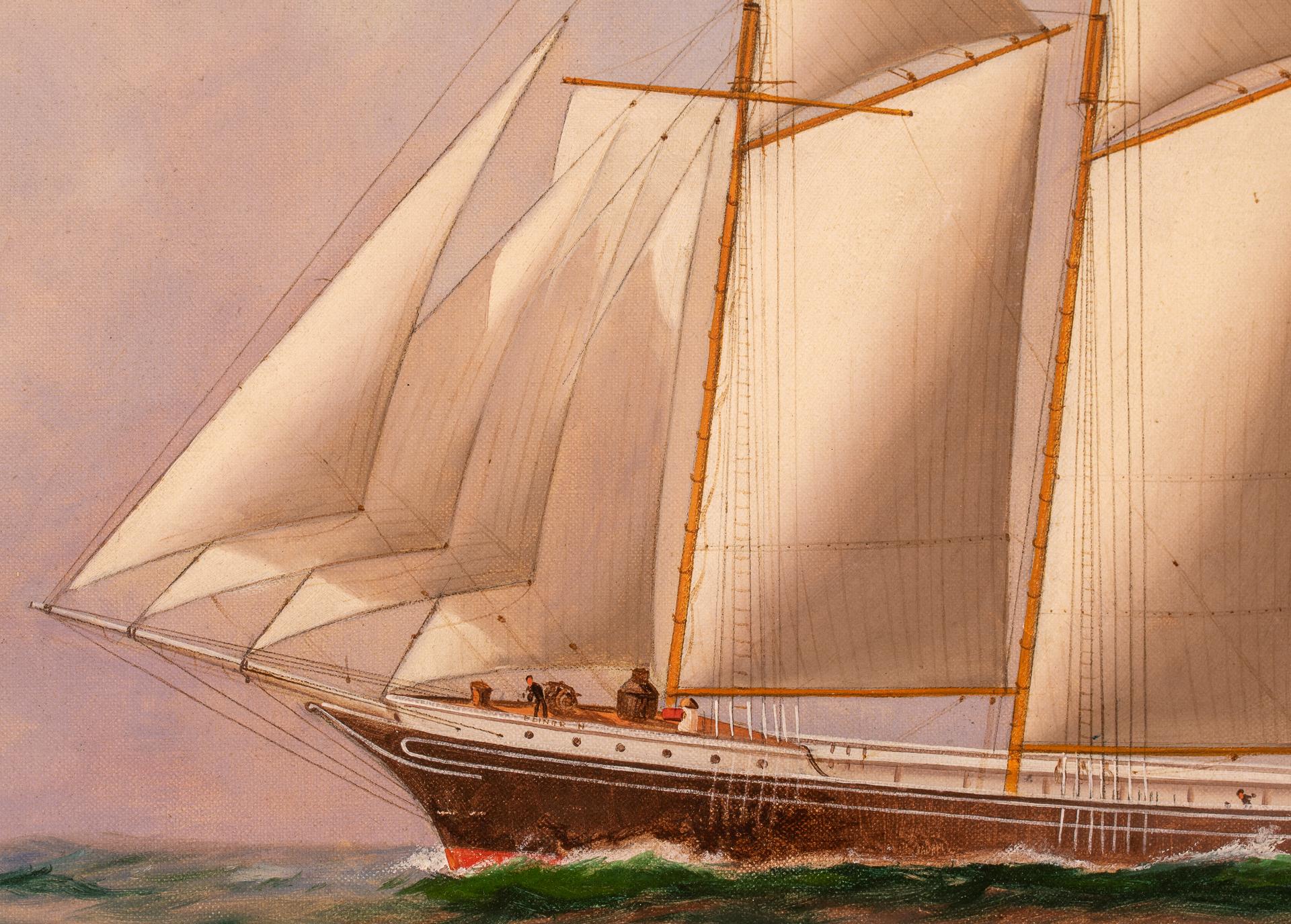 Ce portrait attrayant représente la goélette à cinq mâts ELINOR H. à pleine voile dans une mer active. Le navire présente des lignes nettes et un sens aigu du détail, probablement parce qu'il a été peint à partir d'une observation directe ou d'une
